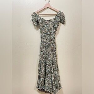 Talbots Floral Puff-Sleeve Midi Dress in Brown and Green